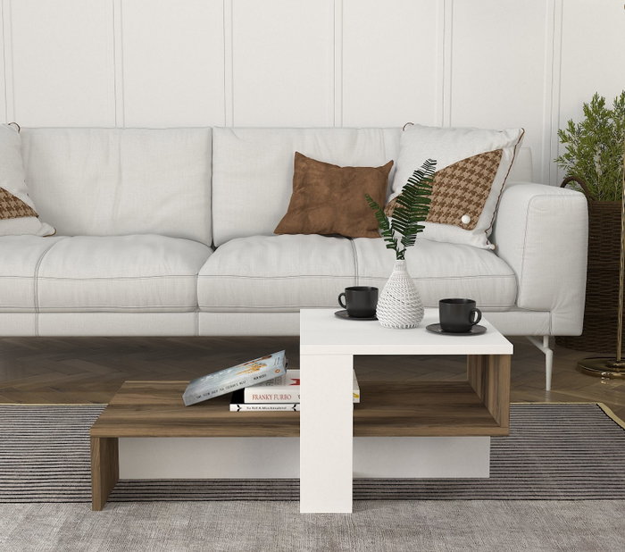 Hanah Home Mesa de Centro Escandinava Blanca y Nogal con Almacenamiento 80x43.6x32.6 cm